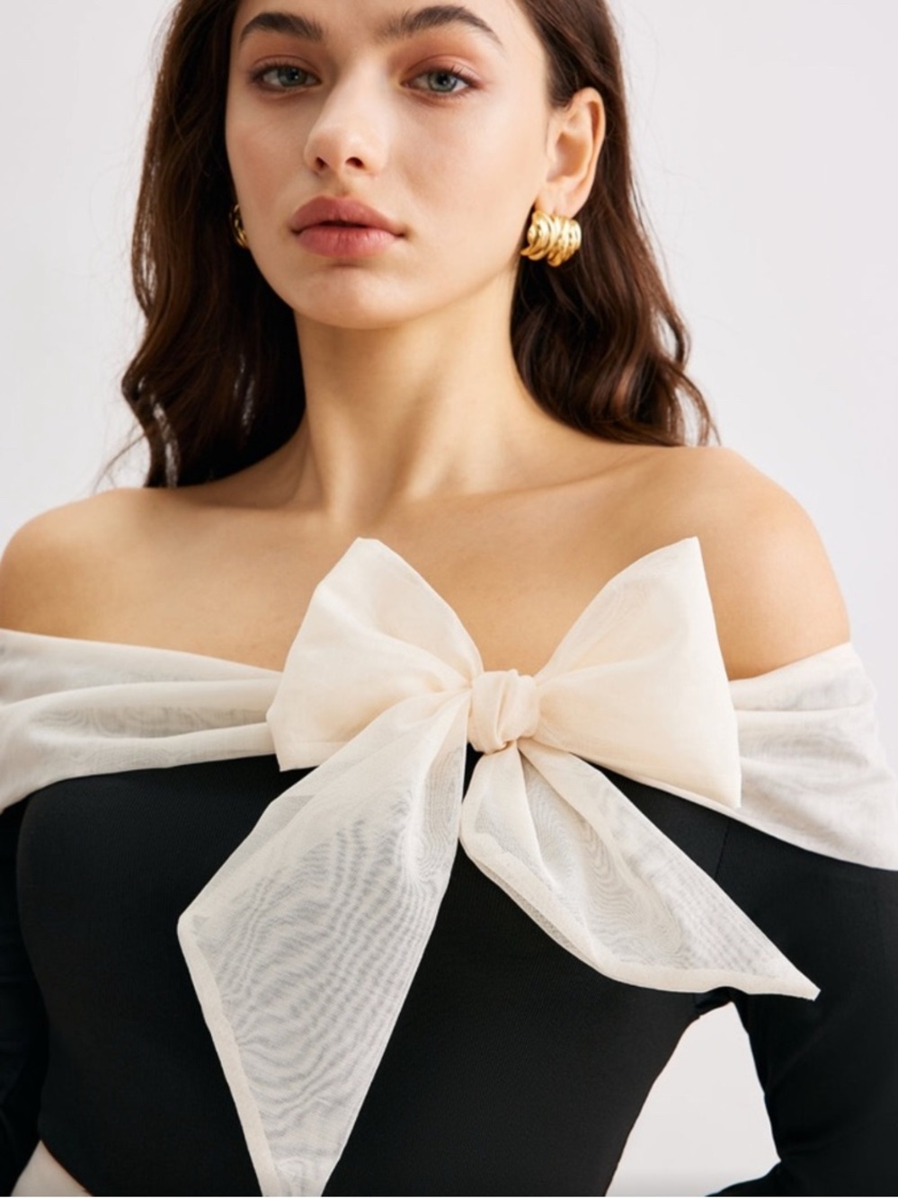 💕NEW 💕 Chiffon-Bow Off-Shoulder Slim Blouse